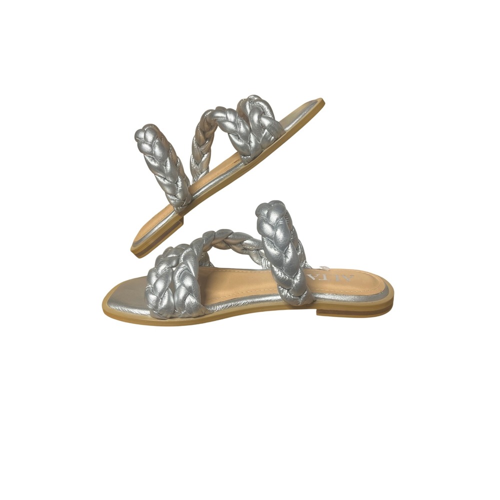 Alta Phia Silver Metallic Braided Multi Strap Flat Sandals Square 
Toe 39 8.5